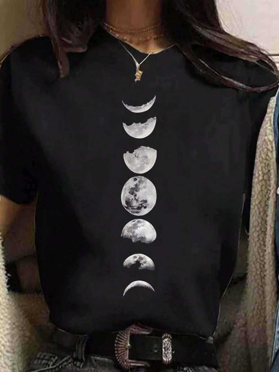 SHEIN EZwear 女士月亮印花短袖 T 卹 - 黑色 - 查看 1