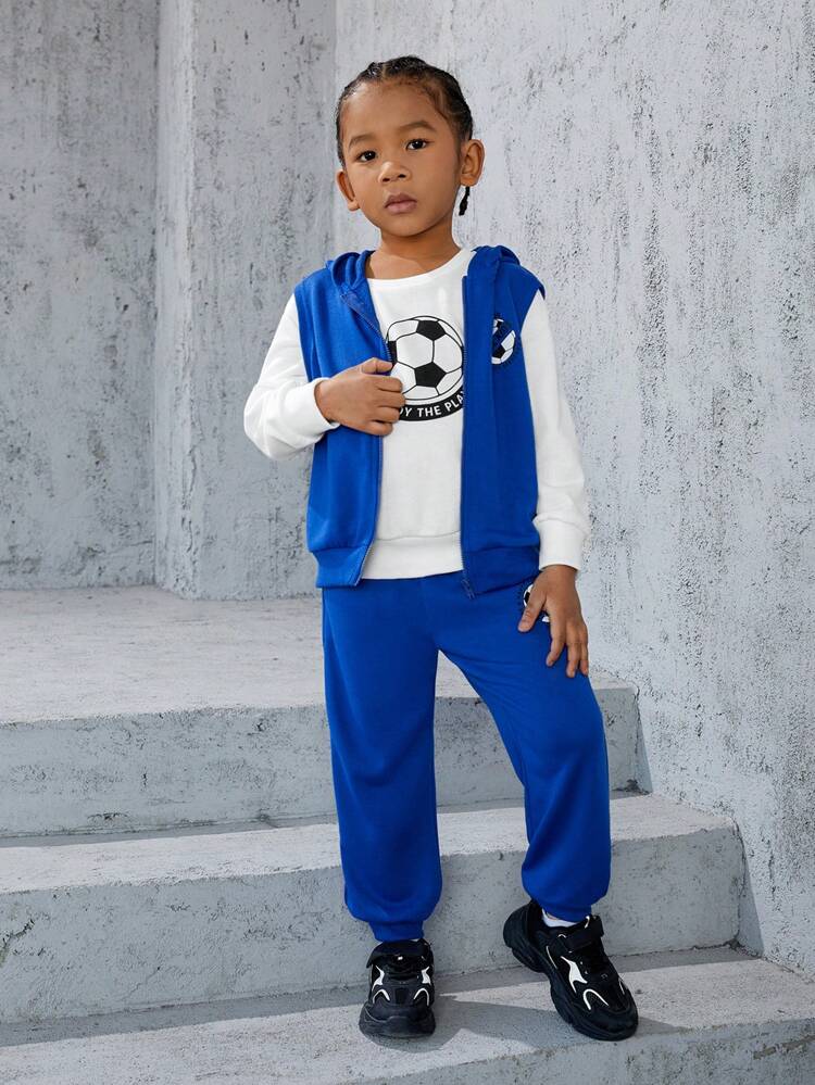3pcs/set Toddler Boys' Football Themed Hooded Sweatshirt, Vest And Pants Outfits With Letter Print