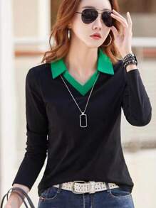 SHEIN LUNE Women's Color Block Contrast Collar Long Sleeve T-Shirt Graphic Tees Women Tops For Spring Outfit - Black - View 3