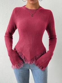 SHEIN LUNE Women's Plain Asymmetrical Hem Fringed Sweater
