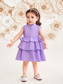 SHEIN Baby Girl Casual Solid Color Stand Collar Sleeveless Multi-Layered Ruffled Hem Dress - Purple - View 6