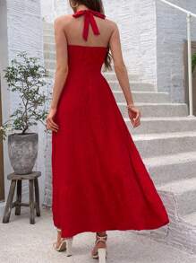 Chiquease Ladies' Pleated Halter Neck Tie Strap Dress - Red - View 2