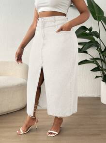 SHEIN SXY 加大碼女款分叉牛仔裙 - 白色 - 查看 4