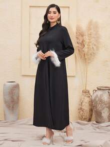 Al Najma Women'S Stand Collar Dress With Furry Sleeve Cuffs Kaftan Jalabiya Dress - Black - View 7