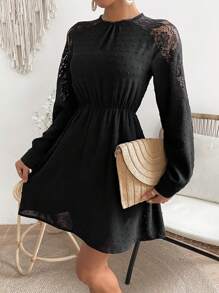 Chiquease Vestido De Manga Raglán Con Encaje Empalmado Para Mujer - Negro - Ver 6