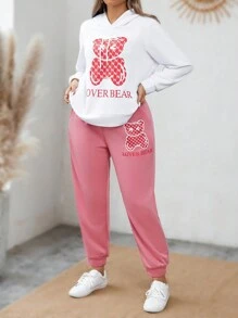 Calvaya 大尺碼女士熊貓印花連帽衛衣和長褲套裝 - 紅白色 - 查看 1