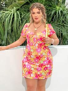 Dreamara Plus Size Women's Botanical Print Front Tie Dress - Burnt Orange - View 5