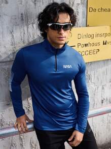 Manfinity Sport Corelite Men Letter Graphic Quarter Zip Sports Jacket Workout Tops Workout Tops Gym Top Fall Breathable Sports Jacket - Navy Blue - View 4