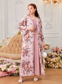 SHEIN Teen Girls' Woven Floral Open Front Jacket And Solid Color Shirred Cami Dress Set - Pink - View 5