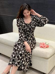 DAZY Đầm tay phồng in hoa cho nữ, đầm dài tay mùa thu, trang phục đi nghỉ mát cho nữ. - màu đen - Xem 1