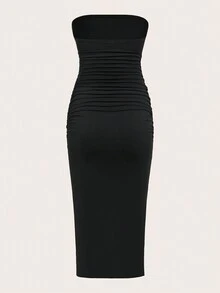 SHEIN ICON 水鑽火焰圖案荷葉邊無肩帶連身裙 - 黑色 - 查看 2