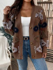 SHEIN LUNE 字母圖案加大號單排釦針織開衫 - 咖啡棕 - 查看 5