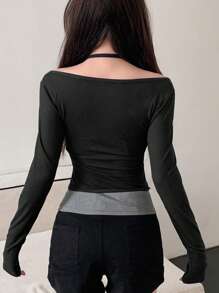 DAZY Women' 2 In 1 Long Sleeve T-Shirt Going Out Tops - Multicolor - View 3