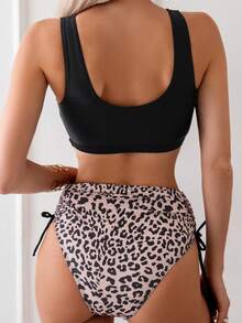 SHEIN Swim Women's Backless Camisole Bra And Leopard Print Drawstring Side-Tie Briefs Bottom Bikini Set Music Festival, For Summer Beach Vacation - Multicolor - View 2