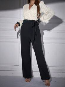 Zolique Contrast Color Fringe Wrap Tie Waist Jumpsuit - Apricot - View 4