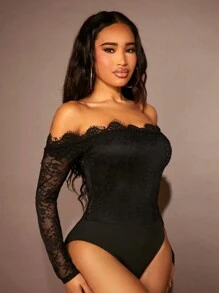 SHEIN SXY 女款露肩蕾絲長袖連身衣 - 黑色 - 查看 5