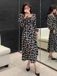 DAZY Đầm tay phồng in hoa cho nữ, đầm dài tay mùa thu, trang phục đi nghỉ mát cho nữ. - màu đen - Xem 6