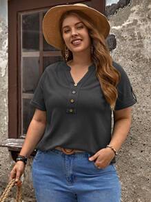 EMERY ROSE Camiseta de Manga Curta com Decote Entalhe em Cor Sólida Casual de Verão Plus Size - Chumbo - Visão 4
