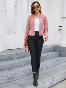 SHEIN Clasi 女士拉鍊前開長袖外套 - 酒紅色 - 查看 3