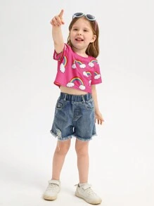 SHEIN Leap Crew Young Girl Comfortable And Lovely Rainbow & Cloud Print T-Shirt For Casual Wear - Hot Pink - View 6