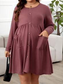 SHEIN Maternity Plus Size Loose Fit Short Dress With High Waist And Round Neckline - Dusty Pink - View 4