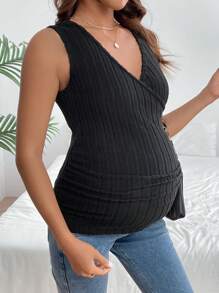 SHEIN Maternity Wrap Nursing Dress With Button Detail And Pleated Design - Black - View 4