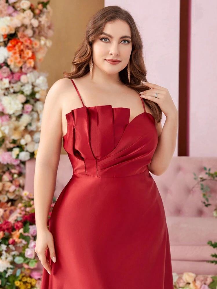 shein red dress plus size sale SHEIN Belle Plus Size Women's Big Red Sequin Splicing Decoration Simple And  Elegant Back To School Dress Cocktail Party Evening Dress Parent-Child Dress