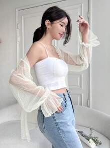 Mesh See-Through Polka Dot Blouse With Flared Sleeves - Apricot - View 4