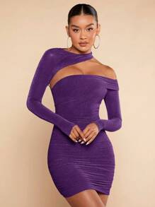 SHEIN BAE Women's One Shoulder Long Sleeve Sparkly Hollow Out Bodycon Dress - Purple - View 1