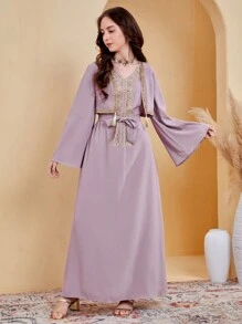 SHEIN Leap Crew Thiếu niên Cô gái Dệt Vá lại Ren & Tua trang trí Váy 2 trong 1 - Màu tím - Xem 1