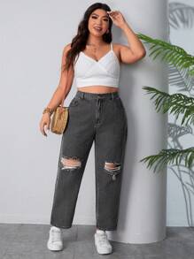 SHEIN EZwear Kích thước lớn Của phụ nữ Đau khổ Denim mùa giặt Denim Quần jean Tapered - Xám - Xem 6