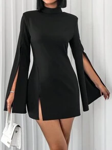SHEIN Cottnline Mock Neck Split Sleeve Split Hem Dress - Black - View 5