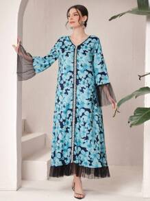 Al Najma Full Printed Mesh Contrast Flare Sleeve Arabian Dress With Floral Print - Multicolor - View 3