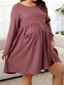 SHEIN Maternity Plus Size Loose Fit Short Dress With High Waist And Round Neckline - Dusty Pink - View 1