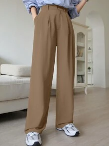 DAZY 纯色直筒商务休闲西装裤，女士正装裤秋冬 - 卡其色 - 查看 1