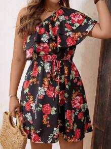 SHEIN VCAY Plus Size Phong cách ngày lễ mùa hè In hoa lạnh Vai hai lớp Váy xẻ viền Ruffle - Nhiều màu - Xem 3