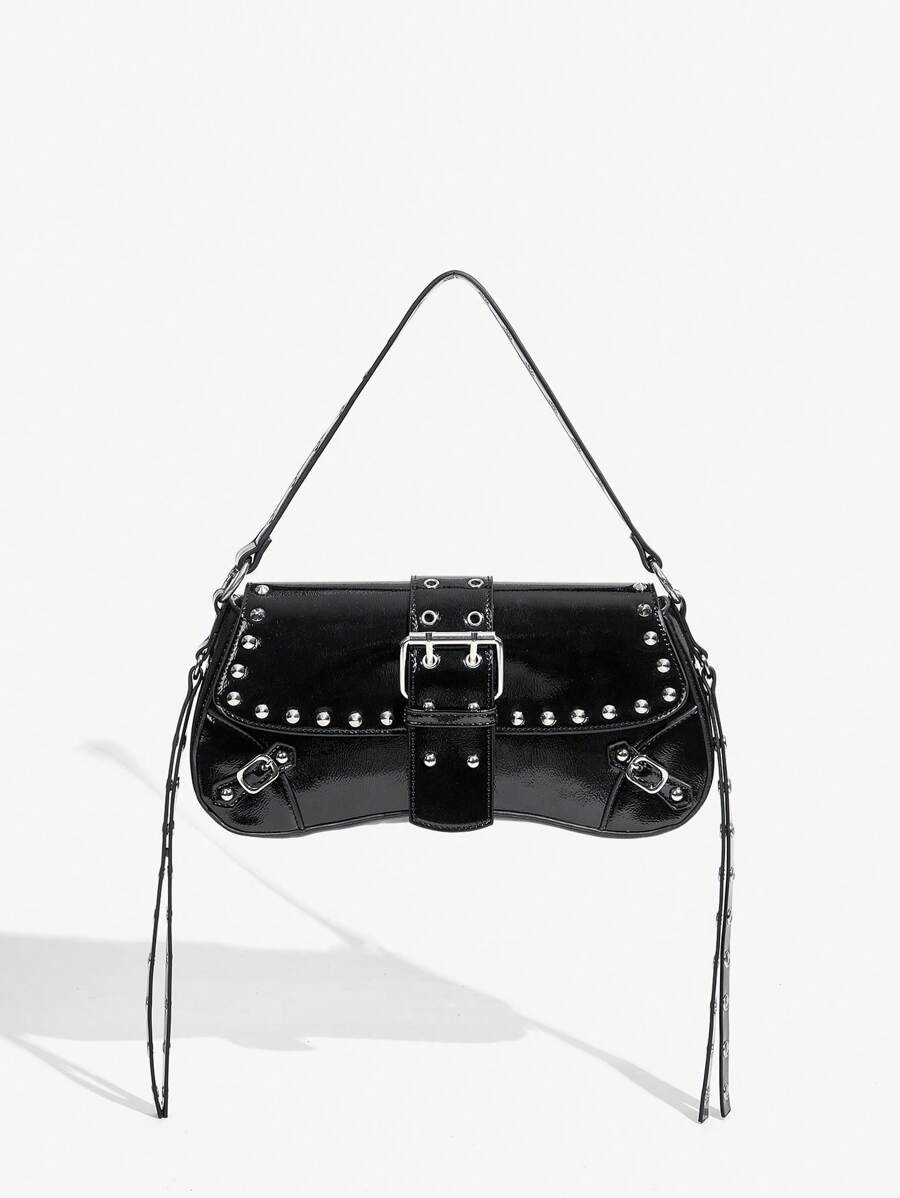 SHEIN X Lucía Bellido SHEIN SXY 時尚黑色釘扣肩袋,適用於女性,百搭購物袋,街頭酷感包,青少年適用 - 黑色 - 查看 1