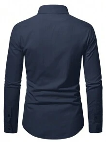 RueChic Camisa De Manga Larga De Color Sólido Para Hombres - Azul Marino - Ver 2