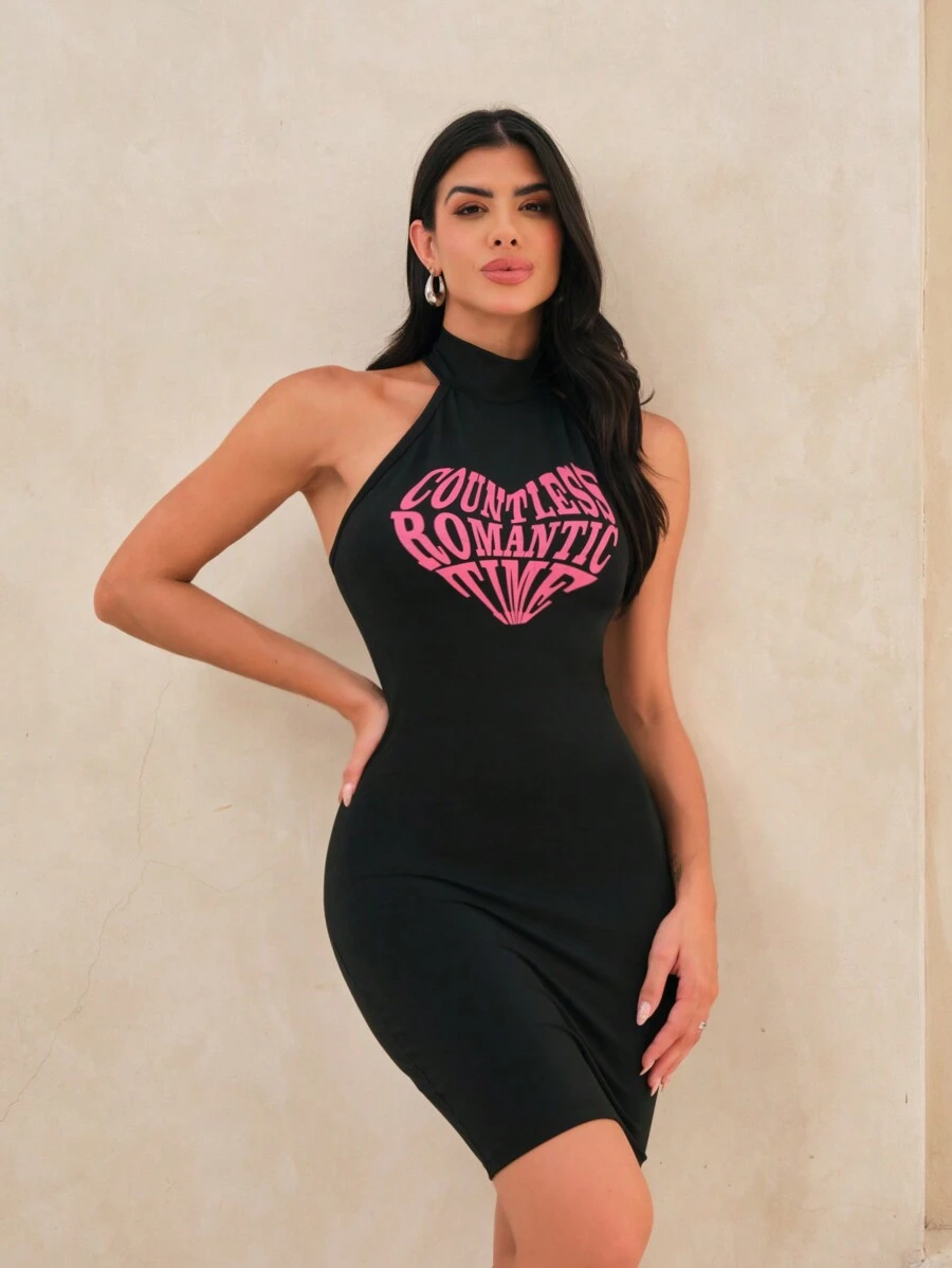 Đồ họa Chữ cái Halter Neck Váy bodycon - màu đen - Xem 1