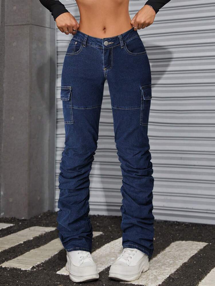 Low-waist Pleated Cargo Denim Jeans