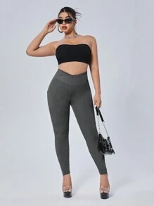 SHEIN ICON 加大碼高腰口袋運動褲,側邊條紋設計 - 深灰色 - 查看 3