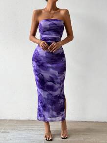Rafferiza Women's Floral Print Side Slit Bandeau Dress Maxi Women Outfit - Purple - View 4