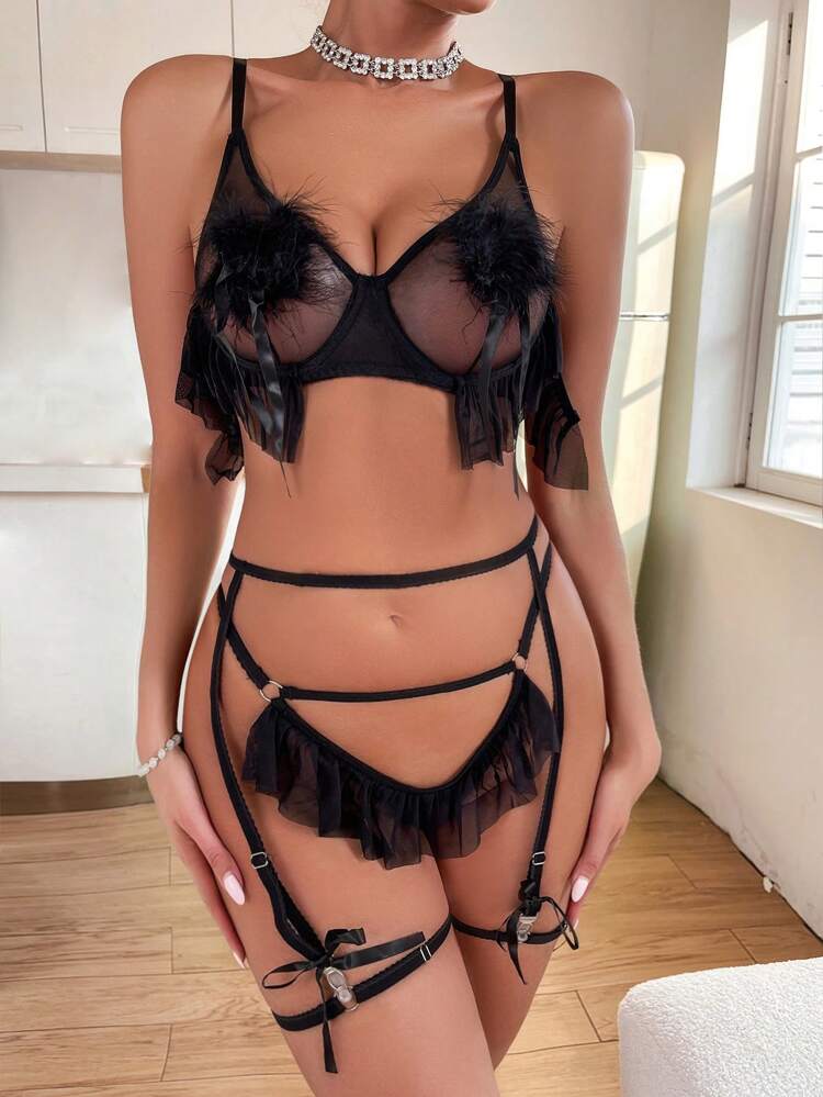 Women's Fuzzy Trim Perspective Mesh Valentines Sexy Lingerie Set