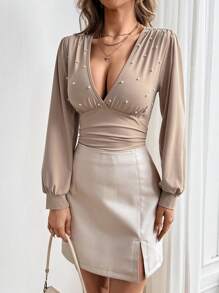 SHEIN Privé Của phụ nữ Trân châu & Trang trí hạt Cổ chữ V sâu Tay áo lồng đèn Áo liền quần chặt - Màu be - Xem 1