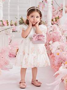 SHEIN Glamorique Kids 嬰兒女生玫瑰印花公主連衣裙，設有荷葉邊袖和蕾絲裙 - 白色 - 查看 3