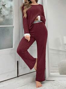 女式羅紋針織蕾絲邊上衣和字母裝飾抽繩長褲睡衣套裝 - 酒紅色 - 查看 3