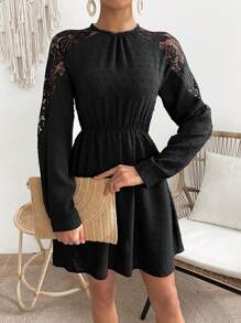 Chiquease Vestido De Manga Raglán Con Encaje Empalmado Para Mujer - Negro - Ver 5