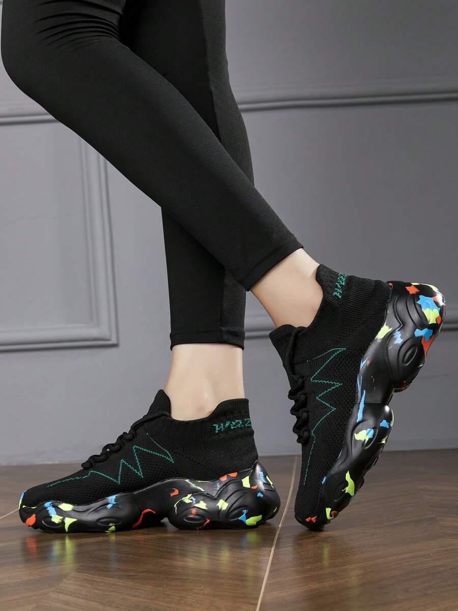 Women's New Style Thick Sole Knitted Lightweight Anti-Skid Durable Breathable Black Sneakers - Black - View 1