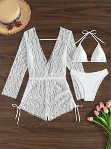 Swim Vcay 夏季海滩女士纯色露背系带比基尼套装