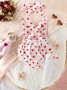 Baby Girl Allover Heart Print Crisscross Back Bodysuit & Headband Without Sock